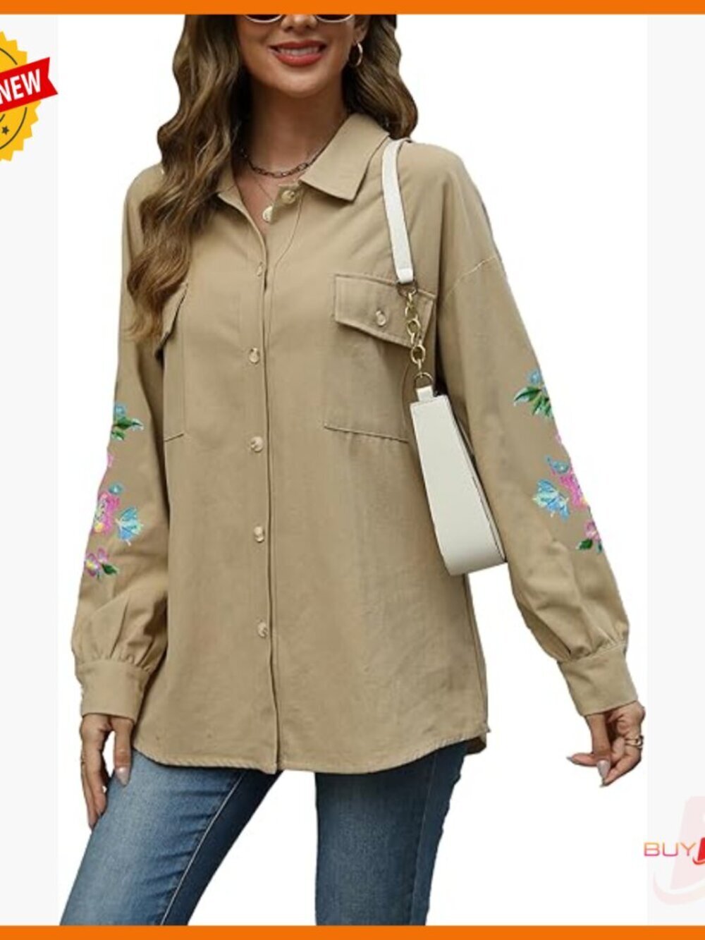Floral Embroidered Button Down Shirt Long Sleeve Blouse Loose Fit Cotton